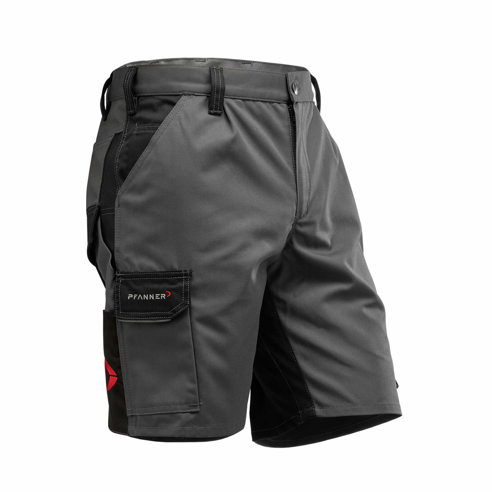 StretchZone Canvas Shorts by Pfanner in grey with black insert on the side, visible belt loops and a side pocket with flap and Pfanner logo.