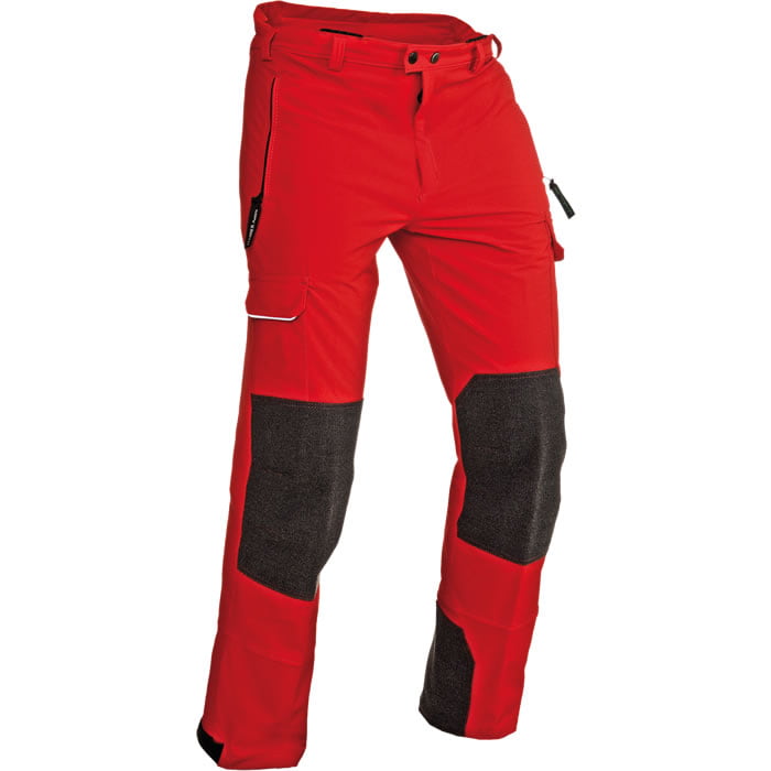 Globe work trousers in red with black knee pads and multiple pockets