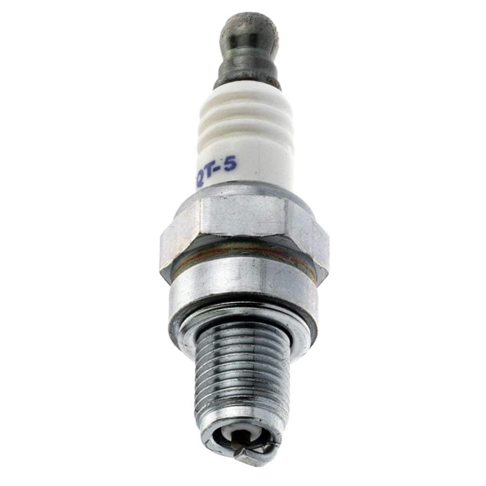 HQT-5 spark plug with metallic thread and white ceramic insulator with "HQT-5" written on it