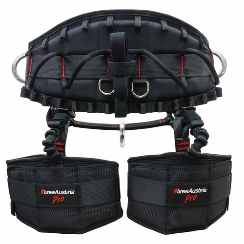Black climbing harness treeAustria Pro size 3 with red stitching, metal rings and padded leg cuffs from the back, with treeAustria Pro logo