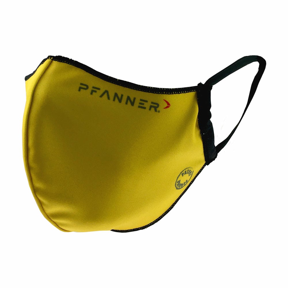 PFANNER® reversible mask yellow with black rim and black elastic band, PFANNER® logo on top of the mask