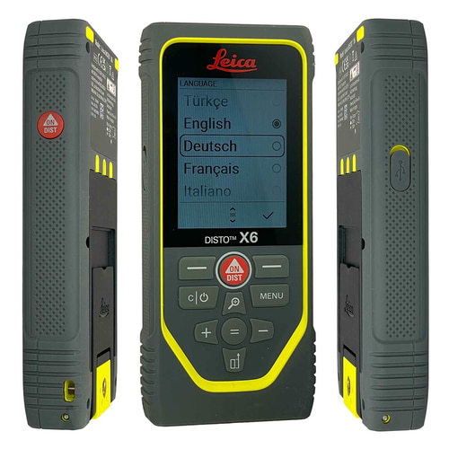 Leica Disto X6 laser rangefinder from front, left and right, display shows language selection, grey housing with yellow border and red and grey buttons, manufacturer Leica Geosystems