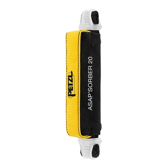 Petzl ASAP Sorber 20, a yellow and black textile-covered belay device with white attachment loops at both ends