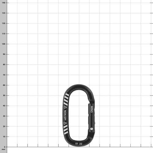 Mino carabiner by Petzl in black with white markings, MINO lettering and year 01 22 on the carabiner