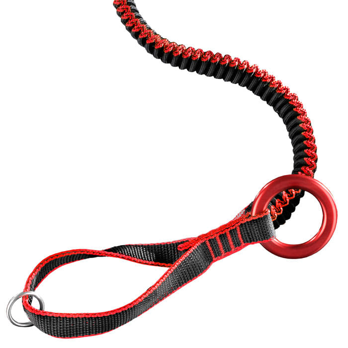 Close-up of Teufelberger's elastic, black and red antiSHOCK Tool lanyard with red metal ring and black ribbon