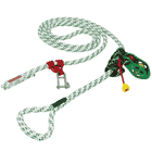 pulleySAVER with white-green rope, red knot and metal bracket, green pulley element wrapped with black and green rope and red safety rope with yellow end