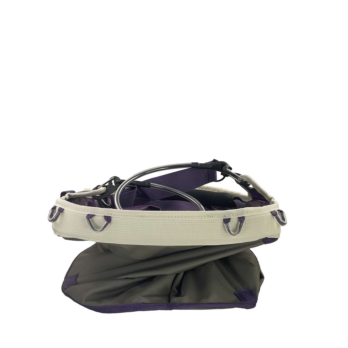 Genius Tool Bucket 2, gray bag with purple straps and white border, compressed from the top with visible metal rings on the edge