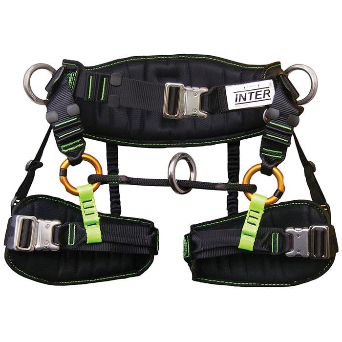 Treewor C climbing harness with black and green pads, metal rings and clasps, as well as orange carabiners and a white label with the lettering "INTER"