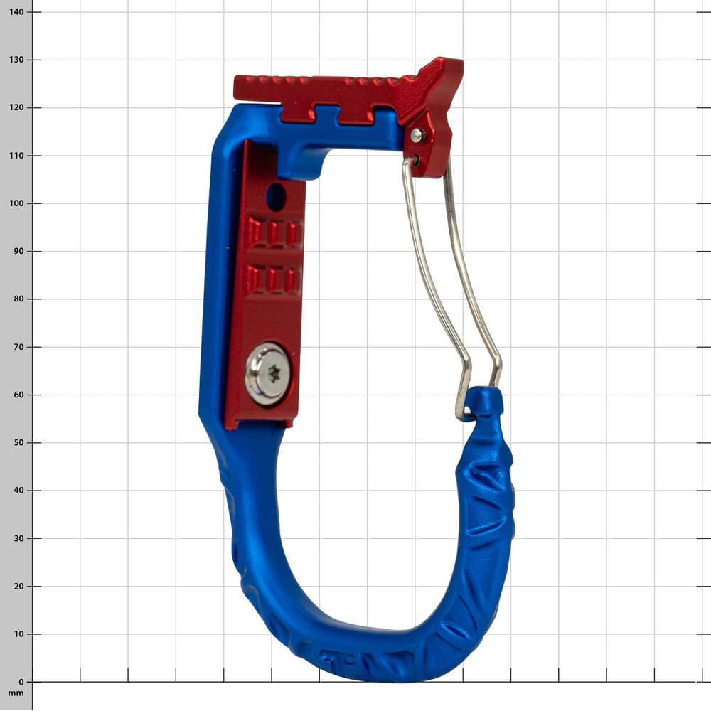 skyHOOK Wire Gate in blue and red with metal bracket against a white background and grid lines