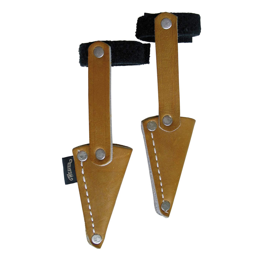 Brown leather thorn guard with black Velcro straps and metal rivets