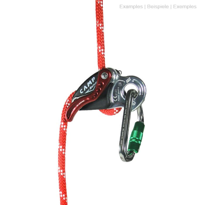 Druid Pro by CAMP Safety, black and silver device with red lever on red rope and green carabiner