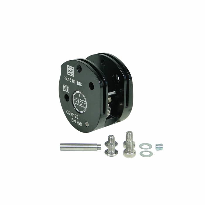 SpiderJack 2.1 device body black metal part with imprint "05.15 01 158", "CE 0123", "EN 358" and ARZ logo, plus two screws, a metal rod, two washers and a small threaded insert
