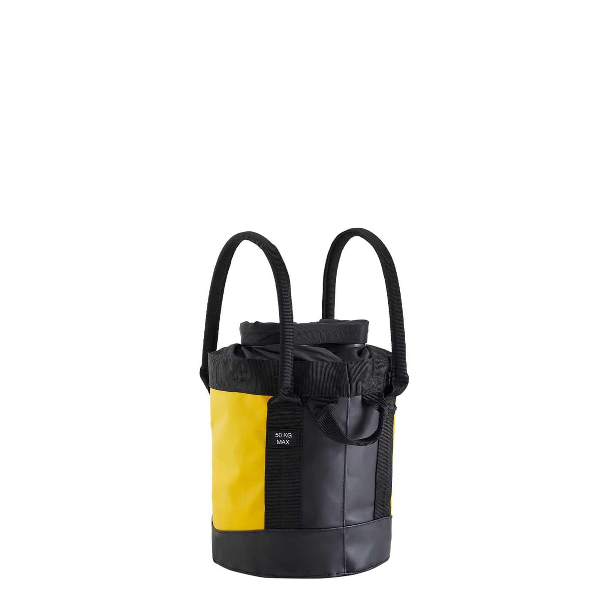 Yellow and Black Petzl Bucket 15 Rope Bag with Two Long Handles and Small Loop, Rear View