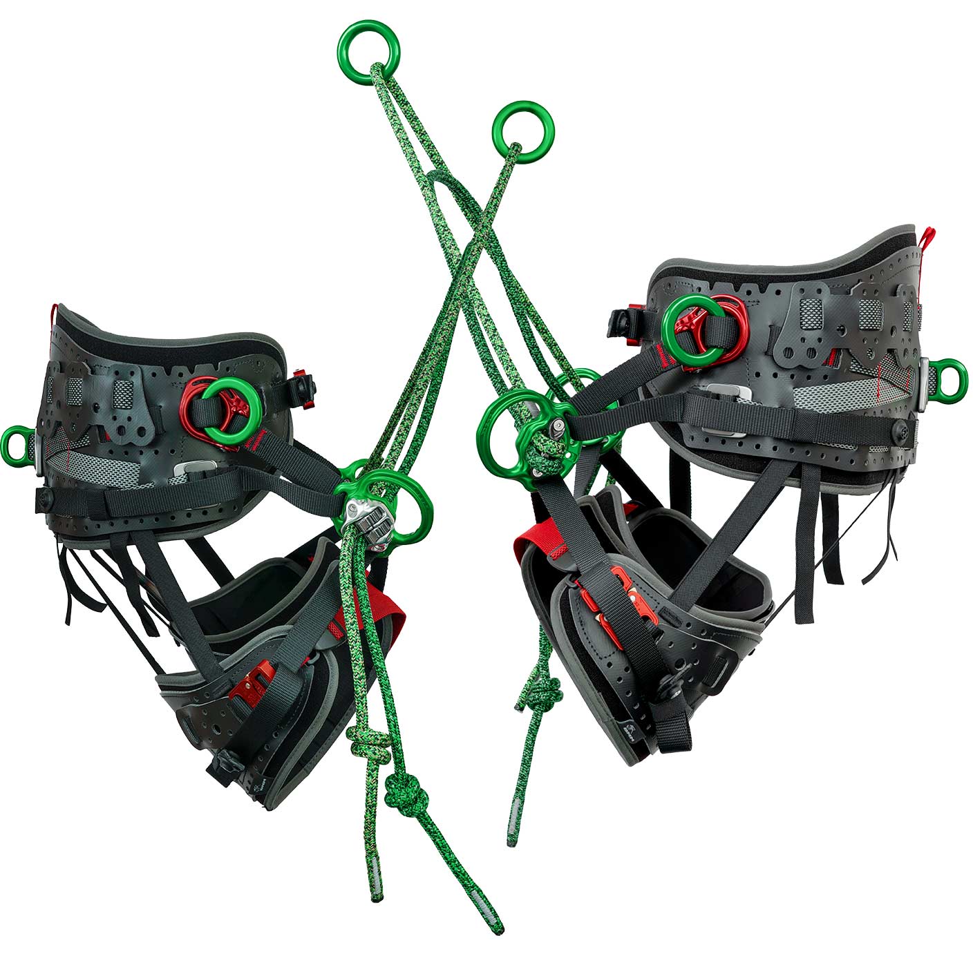 Kinisi Max seat belt side view with green ropes, red buckles and black pads