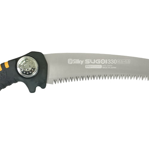 Close-up of the curved saw blade of the Silky Sugoi 330-6.5-5.5 handsaw with visible manufacturer and model print
