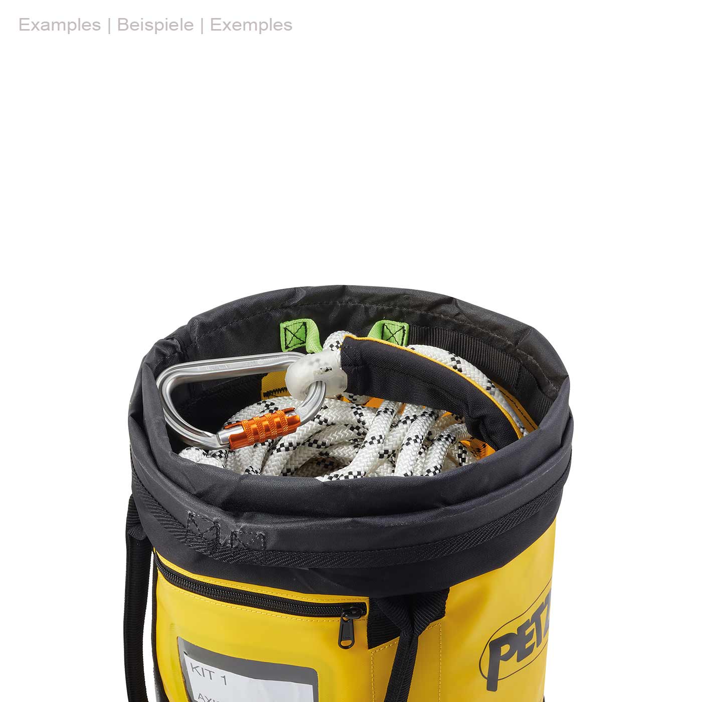 Petzl Bucket 15 Rope Bag with Climbing Rope and Carabiner Inside, Side View