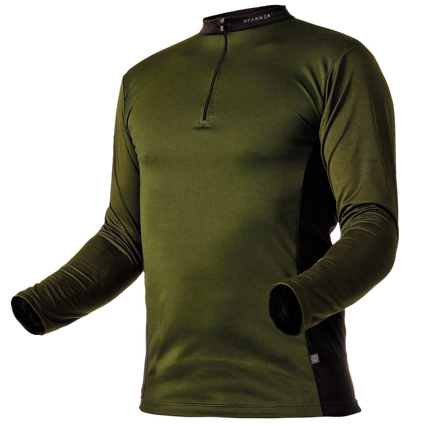 Zip-neck shirt by Pfanner in olive green and black with long sleeves and short zipper at the front