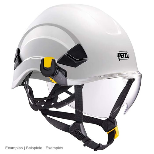 White Petzl helmet with black chin strap and clear Vizir shield with yellow and black clips