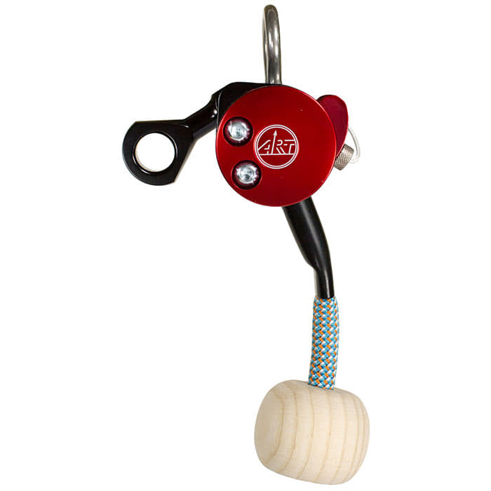 LockJack 2 Basic by ART, red round metal body with two screws, black lever, blue-orange-white rope and round wooden handle