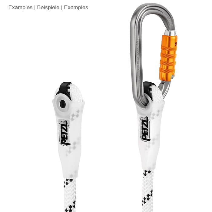 Grillon by Petzl, close-up of white rope with white plastic element and snap hook
