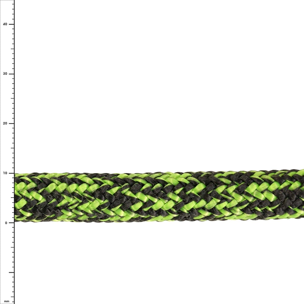 Phoenix 10 rope in green and black, close-up of braided material with scale in millimeters on white background