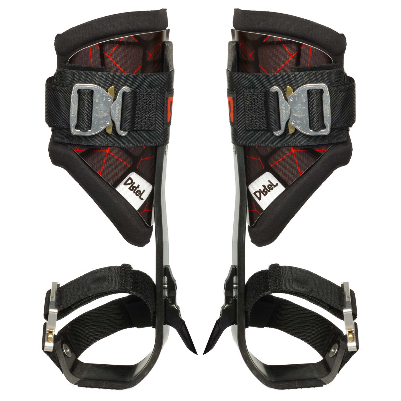 Distel Carbon 3.1 Click, Pair of Black Carbon Greaves with Red Lines, Black Padding and Metal Clasps, Viewed from the Front