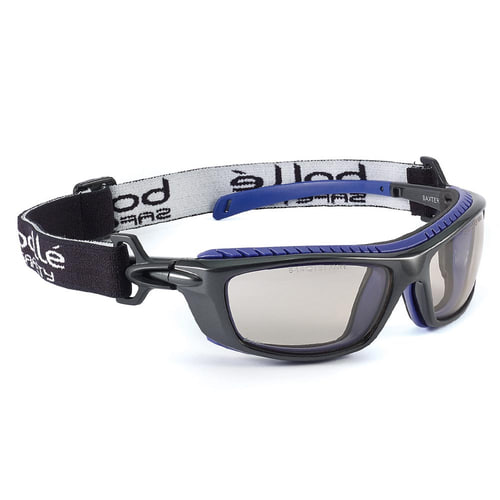 Bollé Baxter safety glasses with tinted lens and black, blue frame and black headband with white lettering, view from the other side