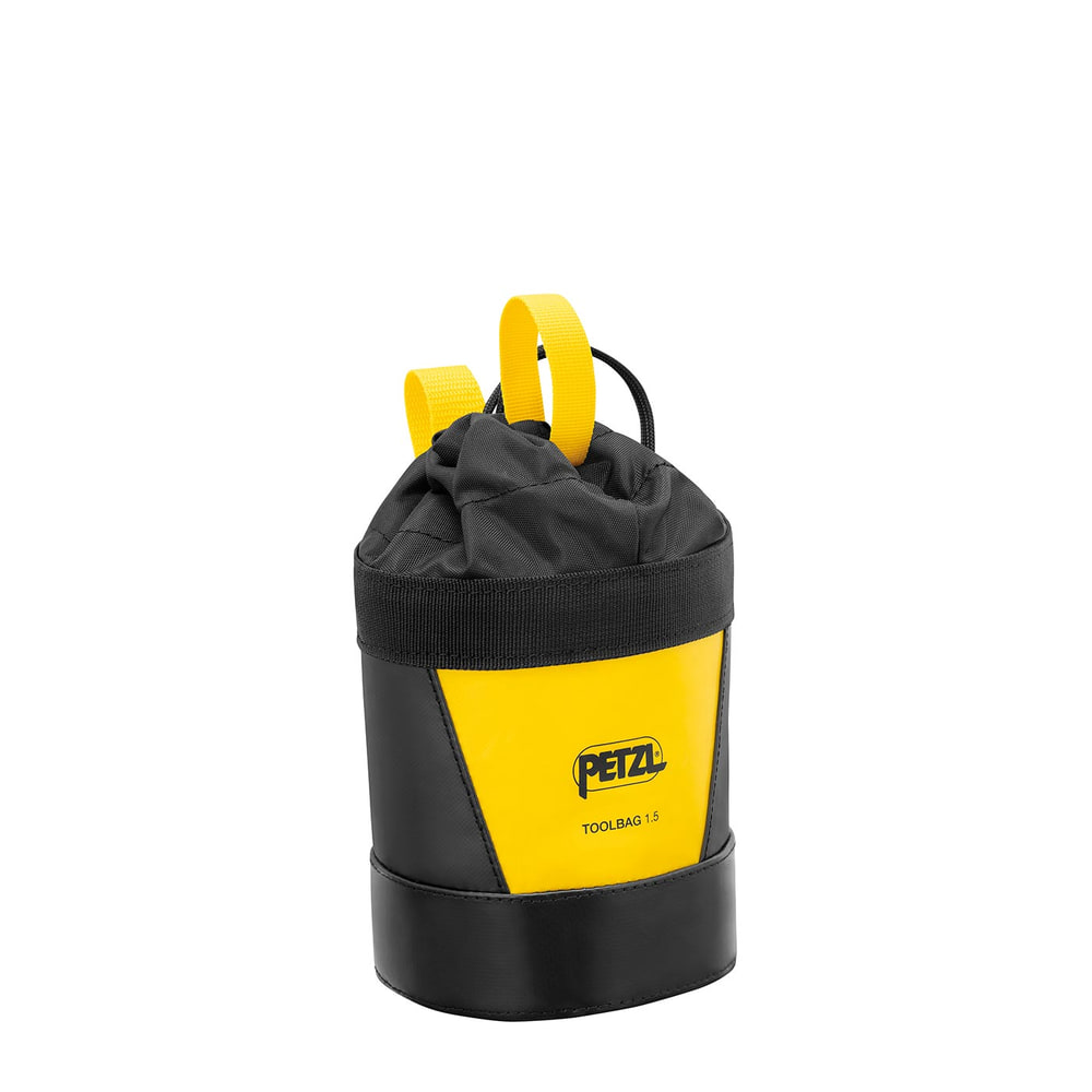 Toolbag 1.5 by Petzl, yellow and black bag with drawstring isolated on white background