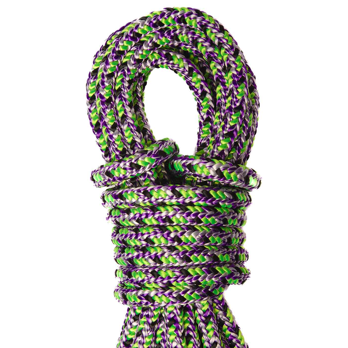 Argiope Evo Double Rope in green, purple, black and white, wound up with a loop at the top