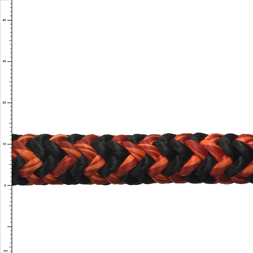 Black Widow rope with black and red braiding, detail shot with scale left