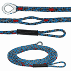 chainANCHOR blue-black rope with red markings and metal eyelet, flat laid out with loops and rubber protection