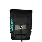 Black approach bag with turquoise NOTCH logo on the side, front flap with buckle and transparent warning