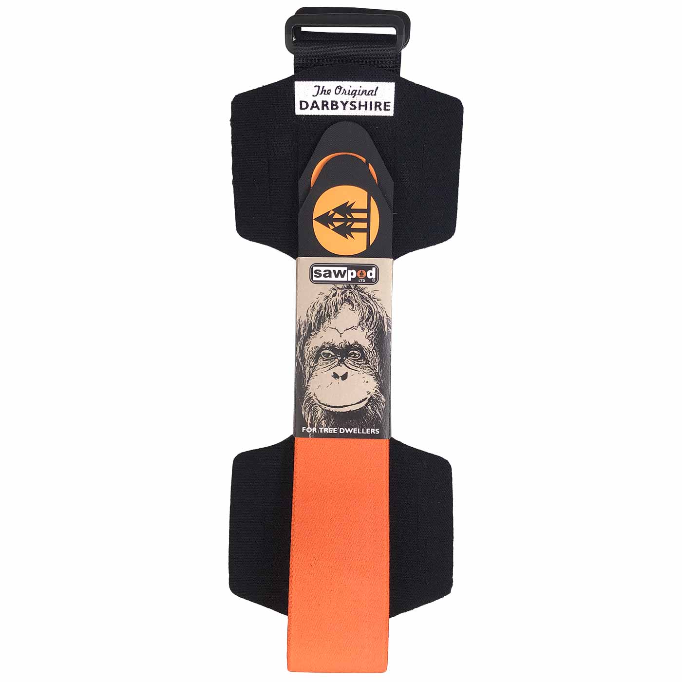 SawPod with black body, orange Velcro closure, imprint "The Original Darbyshire" and image of a monkey, packaging labeled "sawpod LTD"