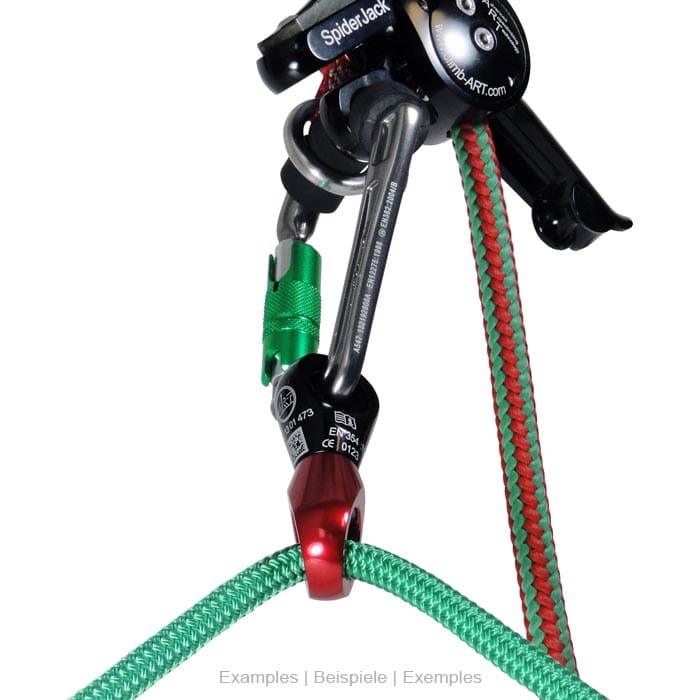 A red and black Twister carabiner in a safety chain with green rope and other climbing equipment
