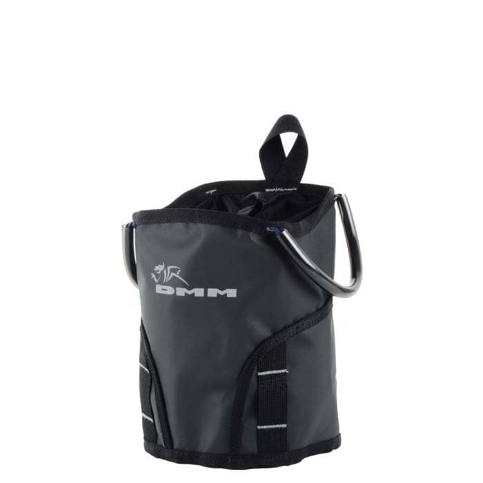 DMM Tool Bag 4, black tool bag with silver DMM logo and two black loops on the sides, two metal eyelets on the sides and a black loop on the top