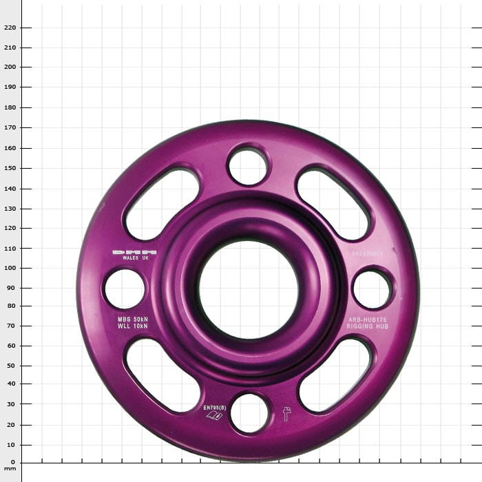 Rigging Hub 175, Purple Round Disc with Multiple Holes and Lettering on White Background