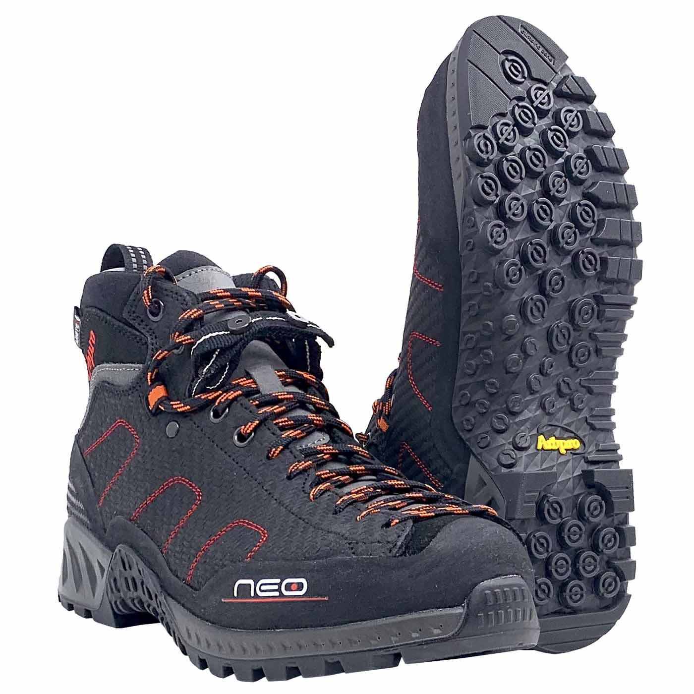 Neo black shoes with orange and black laces, red stitching and lugged sole with yellow Arbpro logo, front and back view
