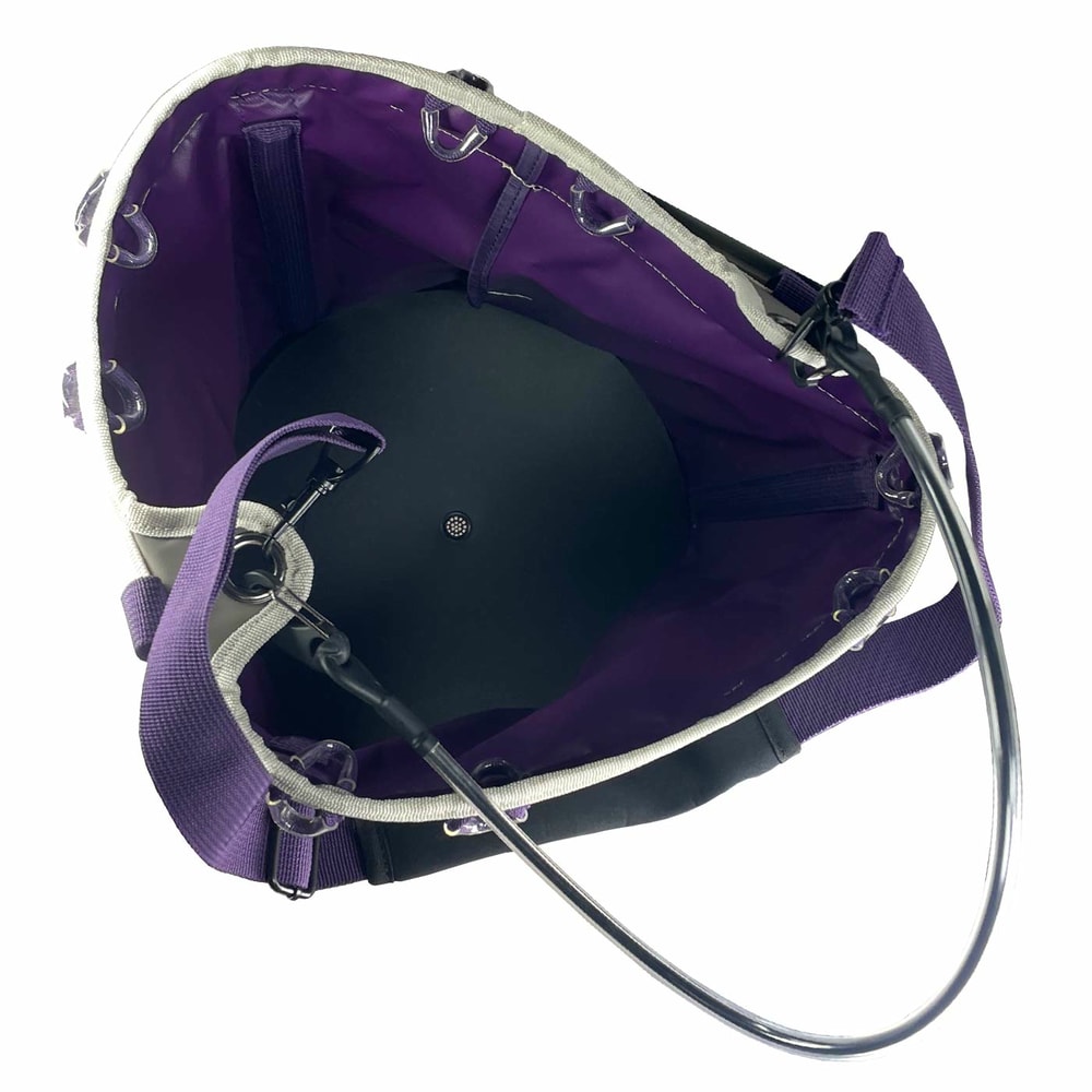 Genius Tool Bucket 2, top view of the bag with purple lining, black bottom and metal hanger, purple straps visible on the outside