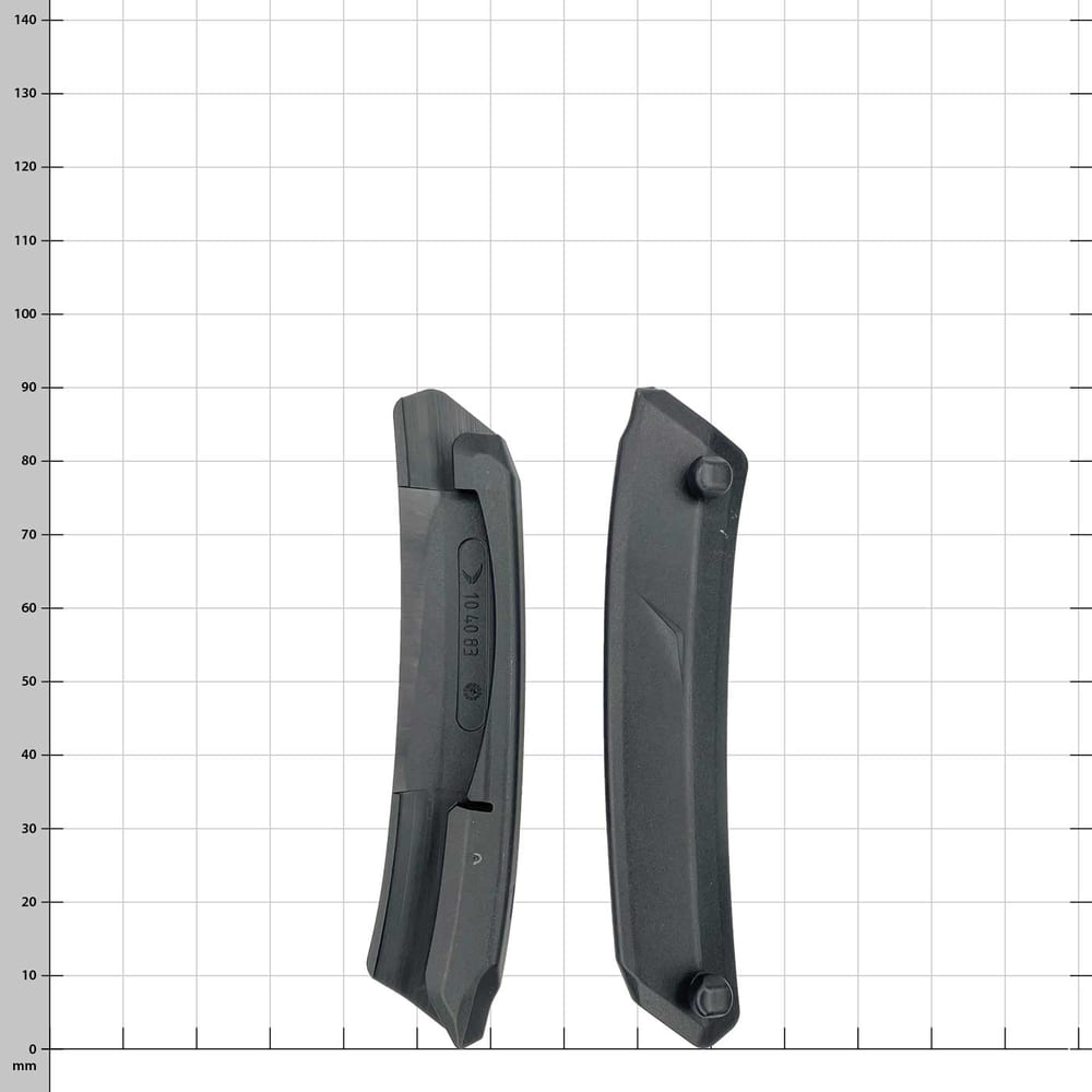 PROTOS® Clip-On Clear retaining pins, two black plastic retaining pins, one shows the back with a small notch, the other the front with two small round bumps