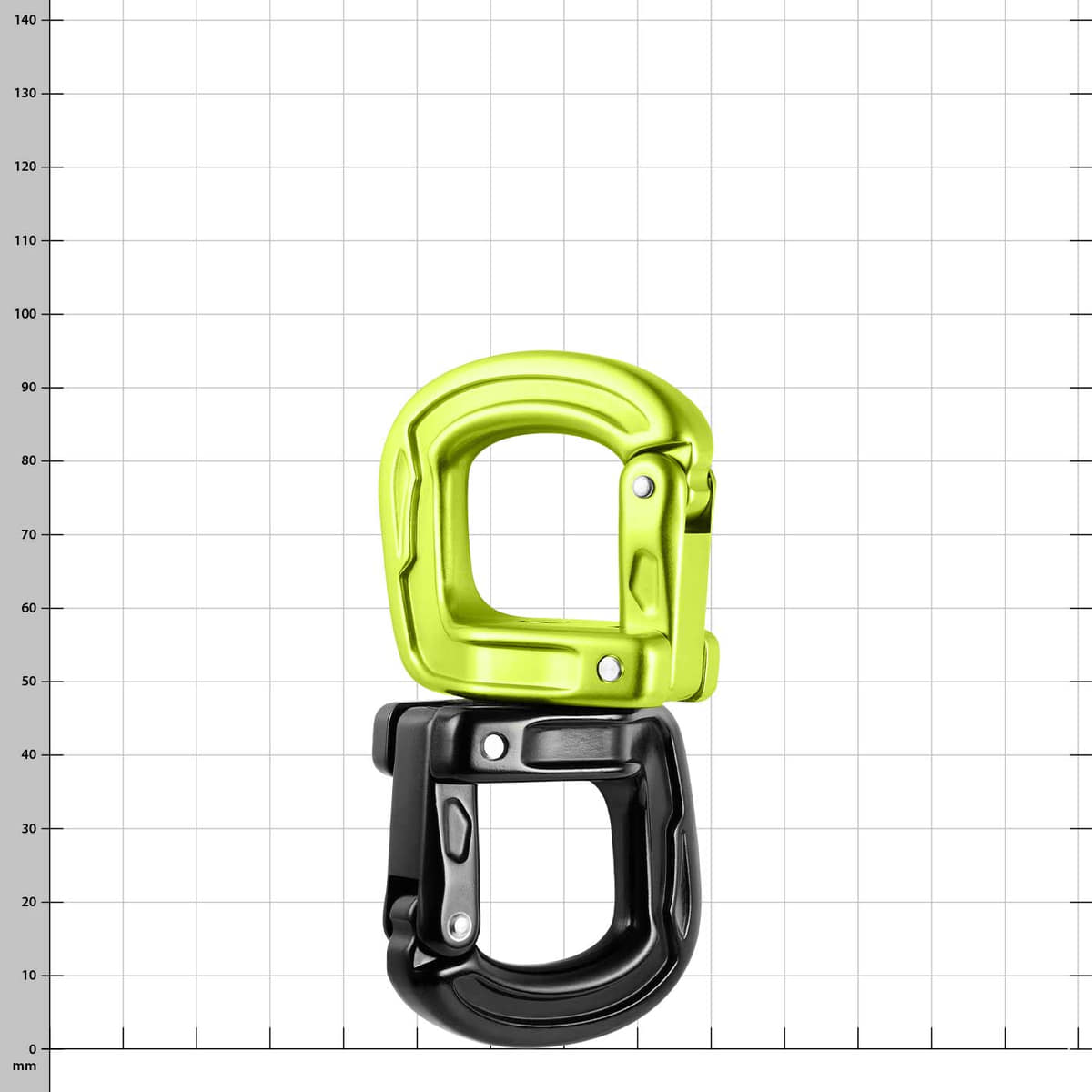 Two snap hooks, green at the top, black at the bottom, open, product name Cupid Swivel visible