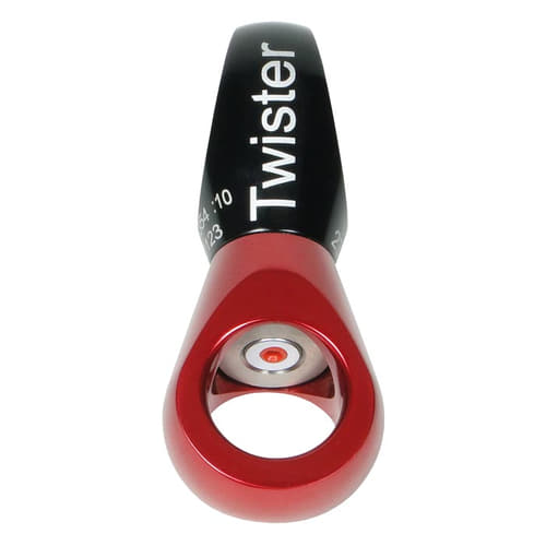 A red and black Twister snap hook from the front with visible magnet
