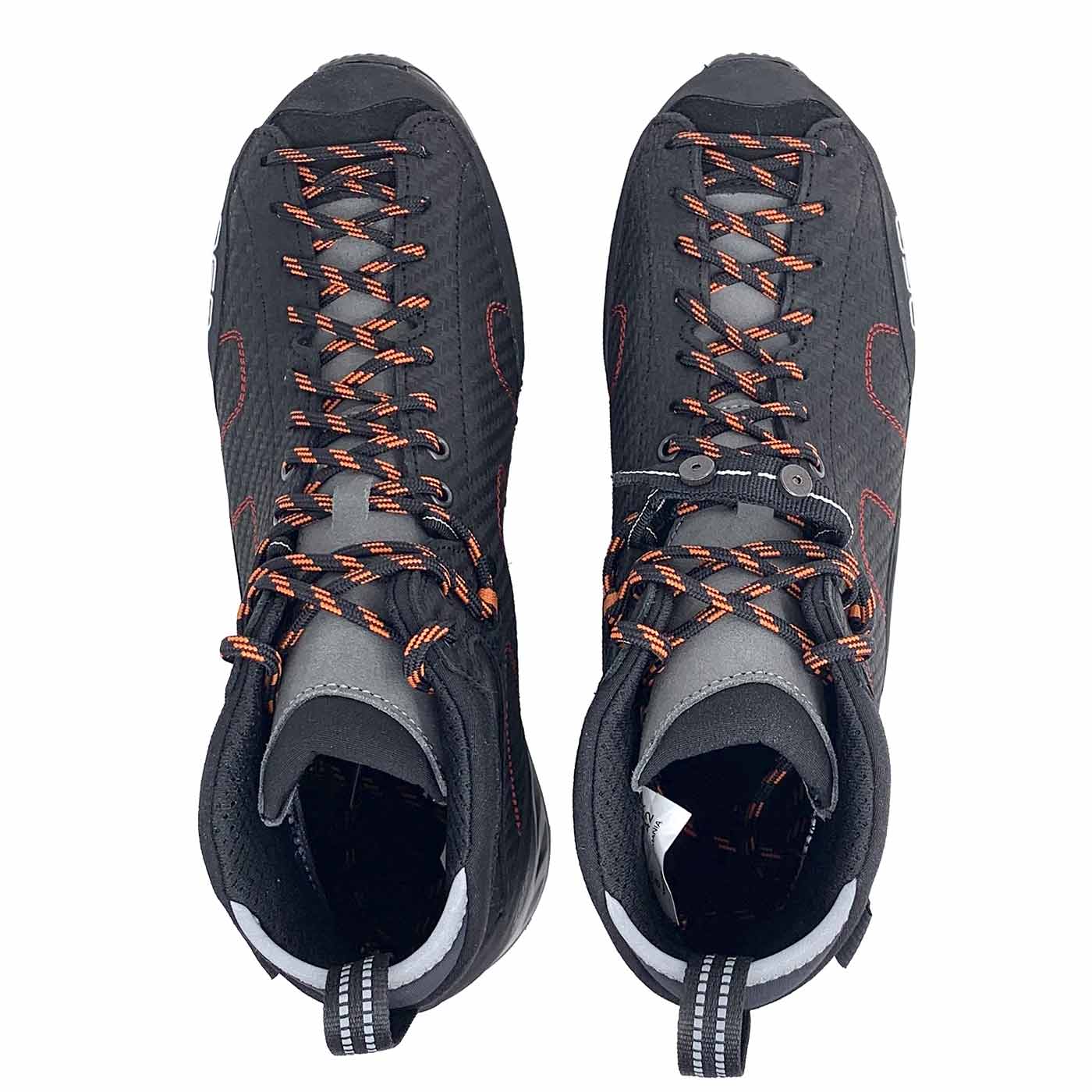 Neo black shoes with orange and black laces and grey heel tabs viewed from above
