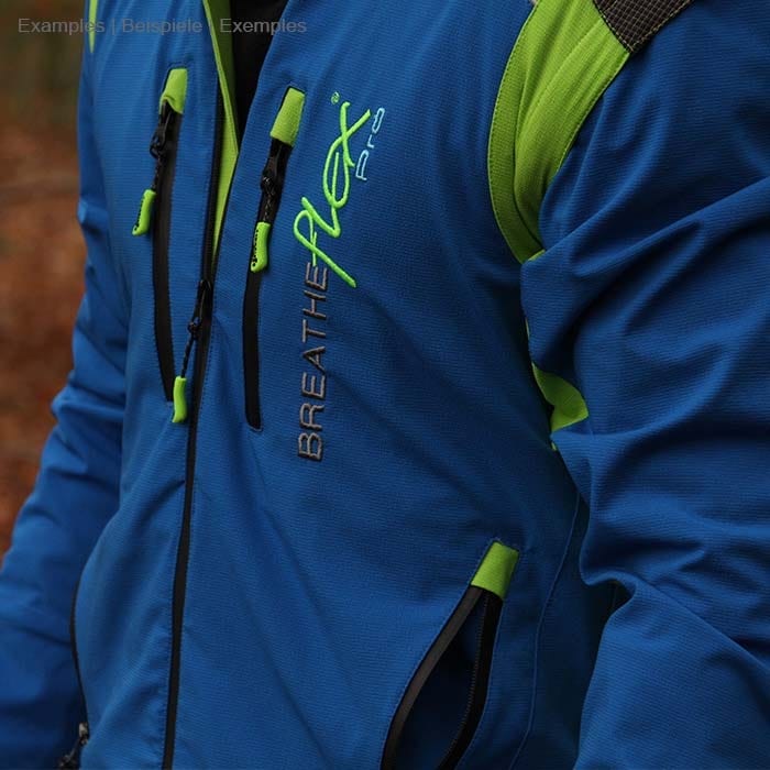 Close-up of the Breatheflex Pro Jacket in blue with green accents, zippers and lettering visible, worn by one person