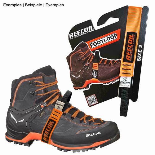 Foot Loop 2 by Reecoil, orange foot strap attached to a black Salewa mountain boot, packaging in the background