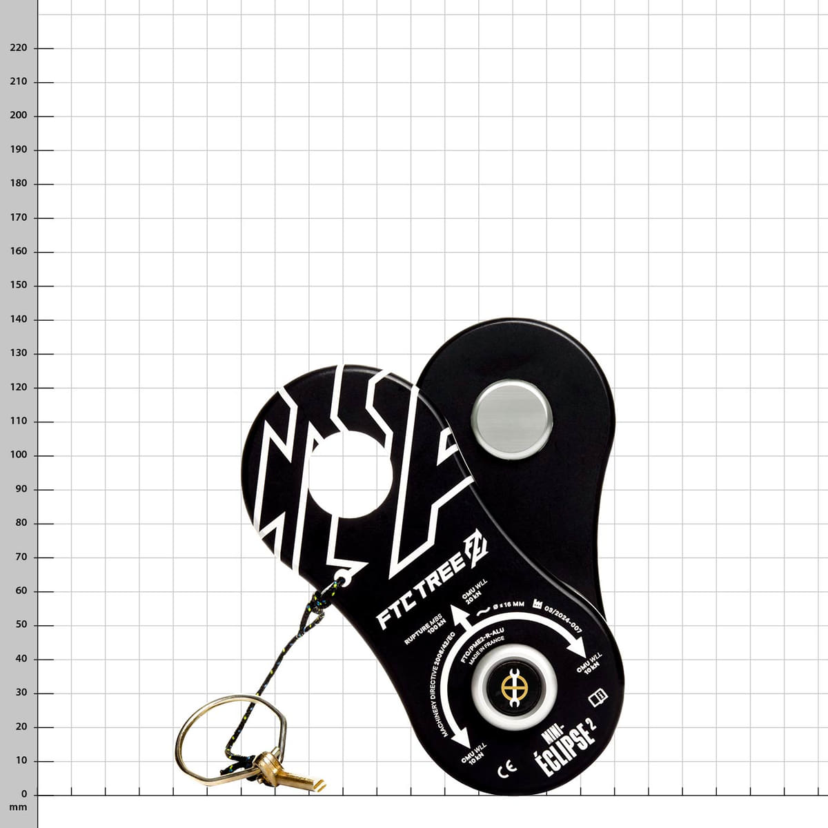 Mini-Eclipse 2 Alu, black pulley with white prints, metal roller, visible from above with safety loop