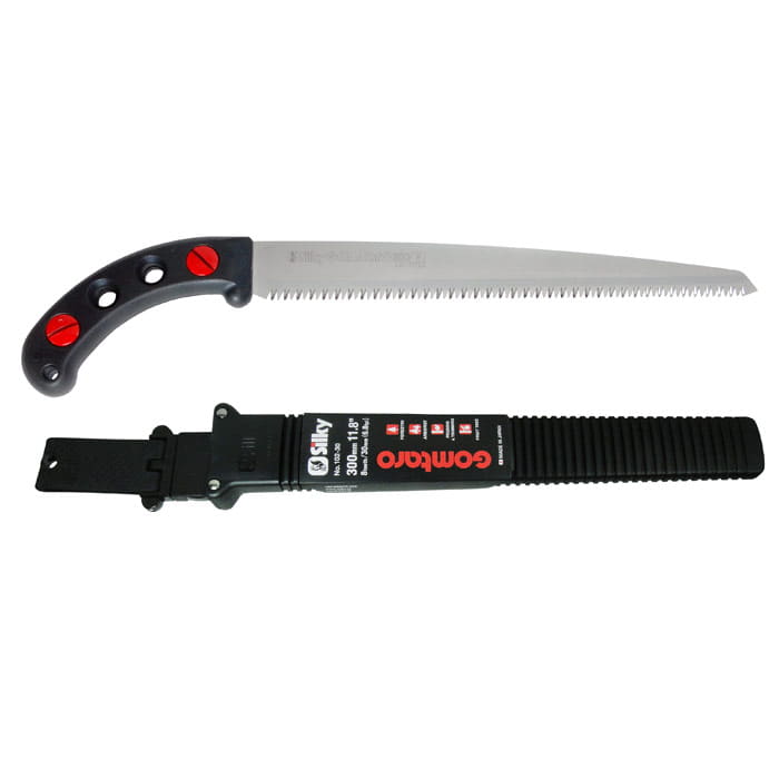 Saw Gomtaro 300-8 with black handle, red screws and serrated blade, plus a black plastic sheath with red inscription Gomtaro and white brand Silky
