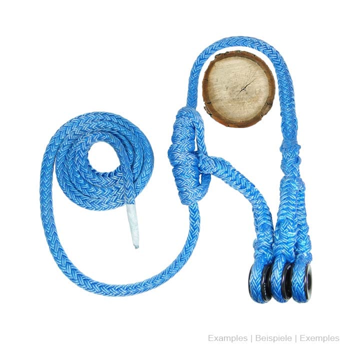 Rigging Ring M, three black rings on a blue rope attached to a piece of wood