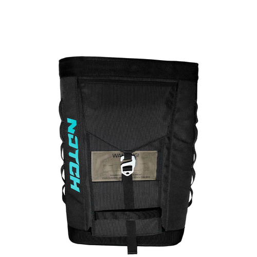 Black approach bag with turquoise NOTCH logo on the side, front flap with buckle and transparent warning