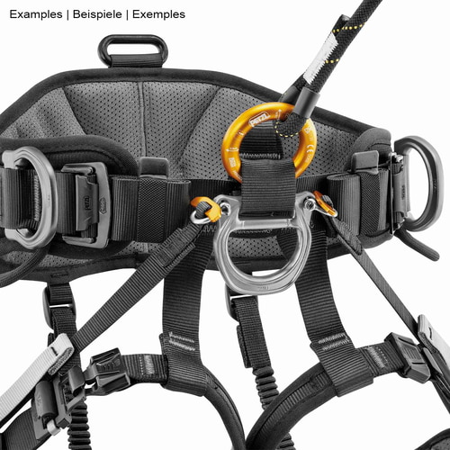 Black climbing harness with several black and grey straps, two metal rings and an orange carabiner, product name Test carabiner 250715DL not visible in the picture