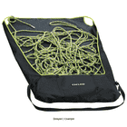 Edelrid Liner black bag with yellow-green accents open, inside lies a yellow-green climbing rope, the bag has two handles and a carrying strap